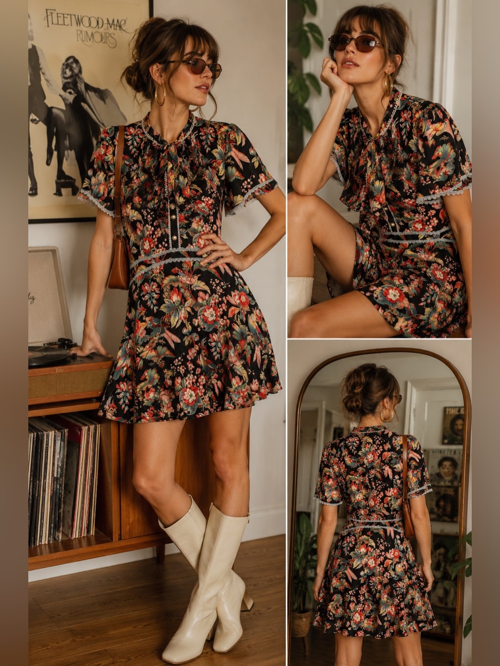 Dalia Macphee Retro Floral Short-Sleeve Mini Dress tropical print 🦜🍊NWT